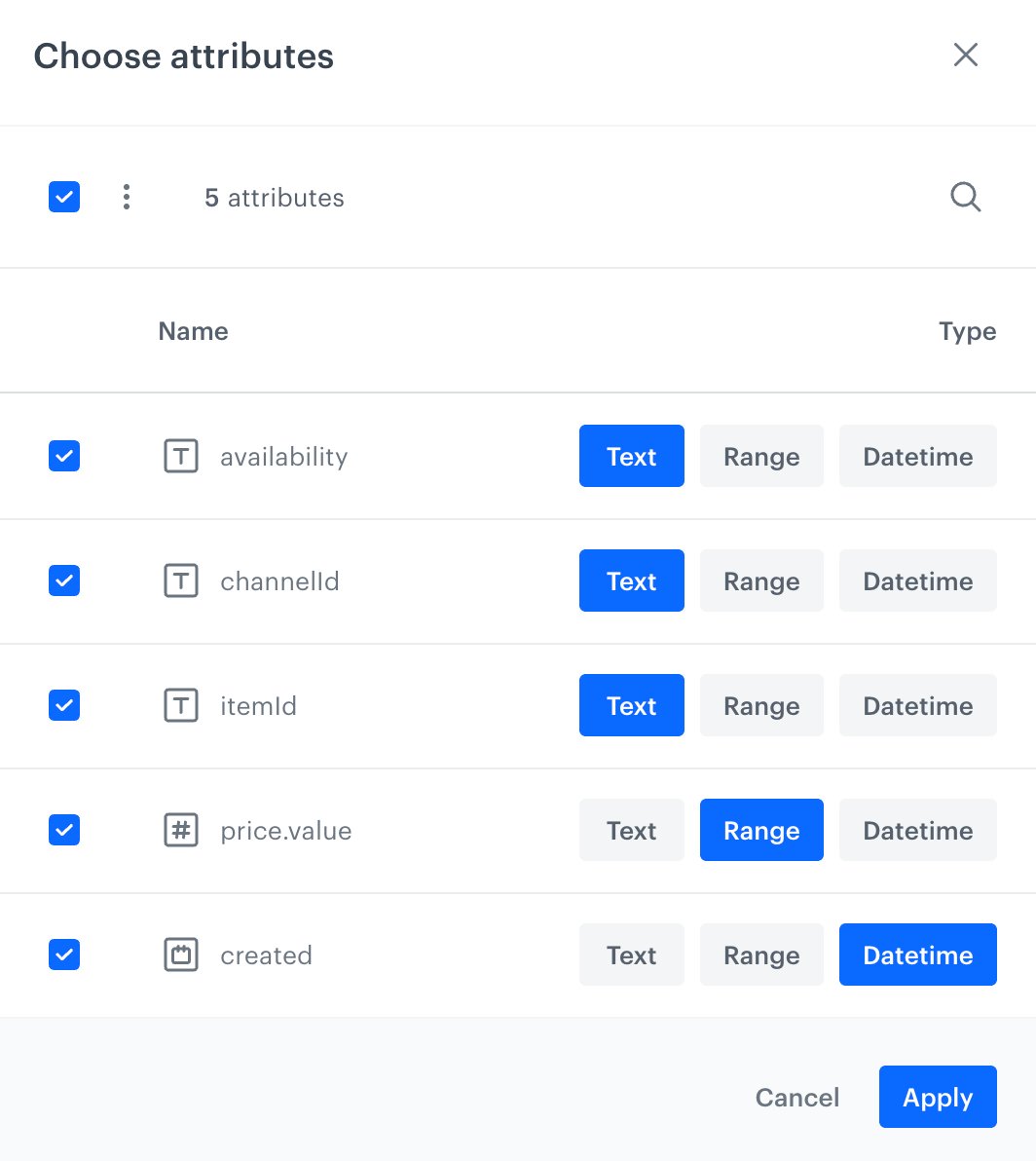 Defining value types for attributes selected in the Filterable attributes section
