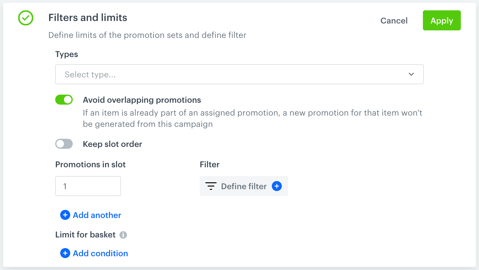 Filters and limits in the personalized promotions