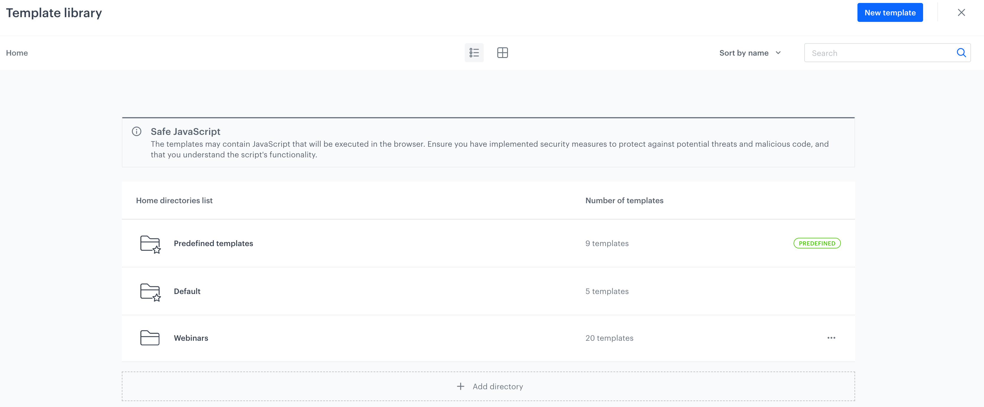 The example template library with the Predefined templates folder