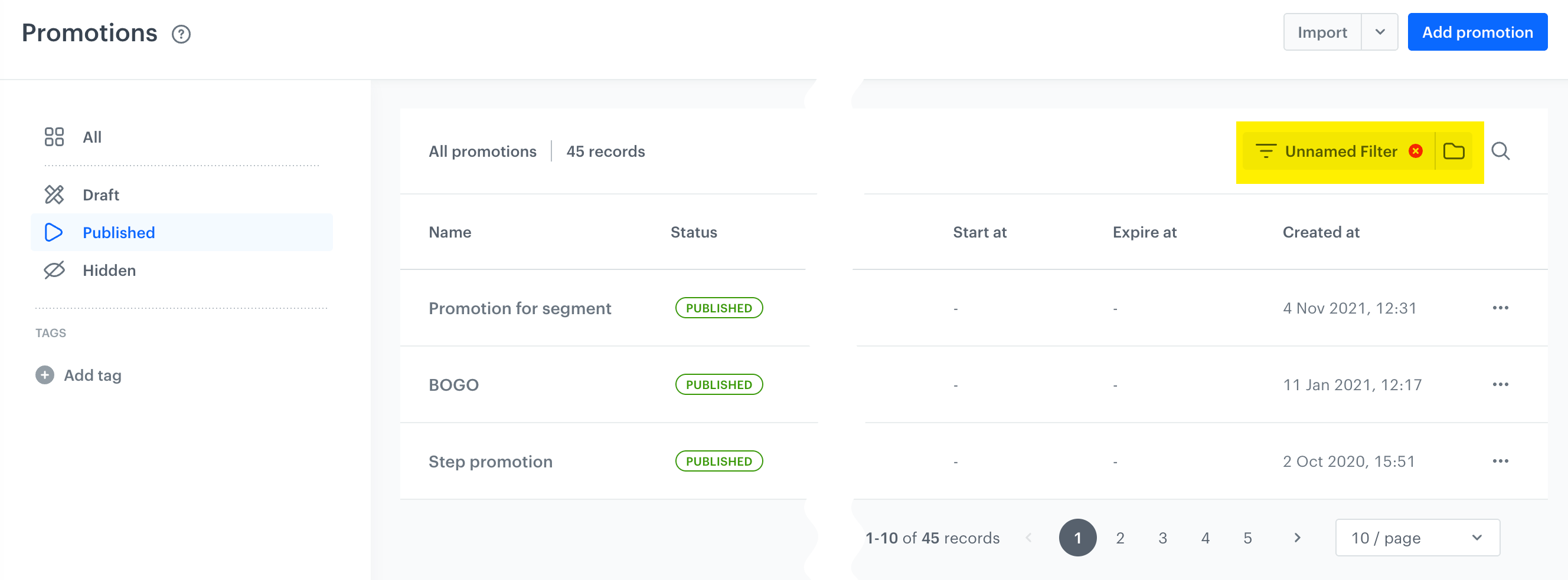 Quick filters on the list of promotions on the left side of the screen