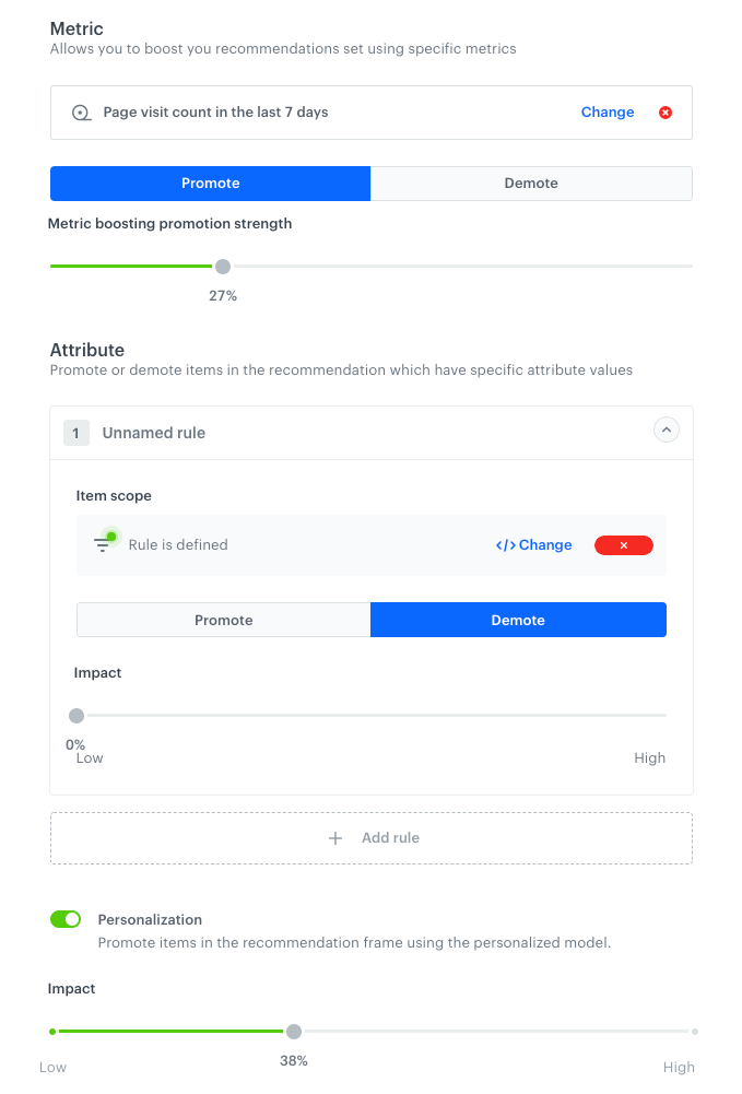 An example of a Boosting section with metric boosting used to promote items, attribute boosting used to demote items and personalization boosting