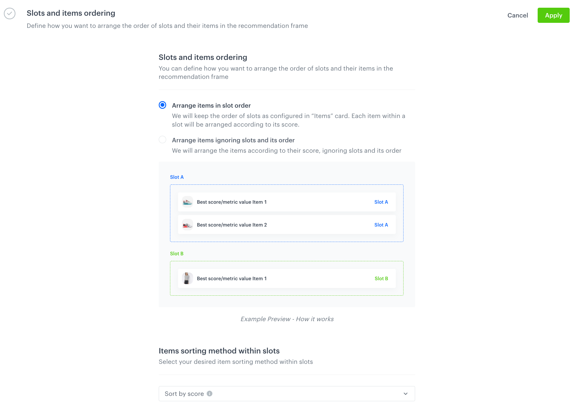 A form for configuring slot order and item order within slots