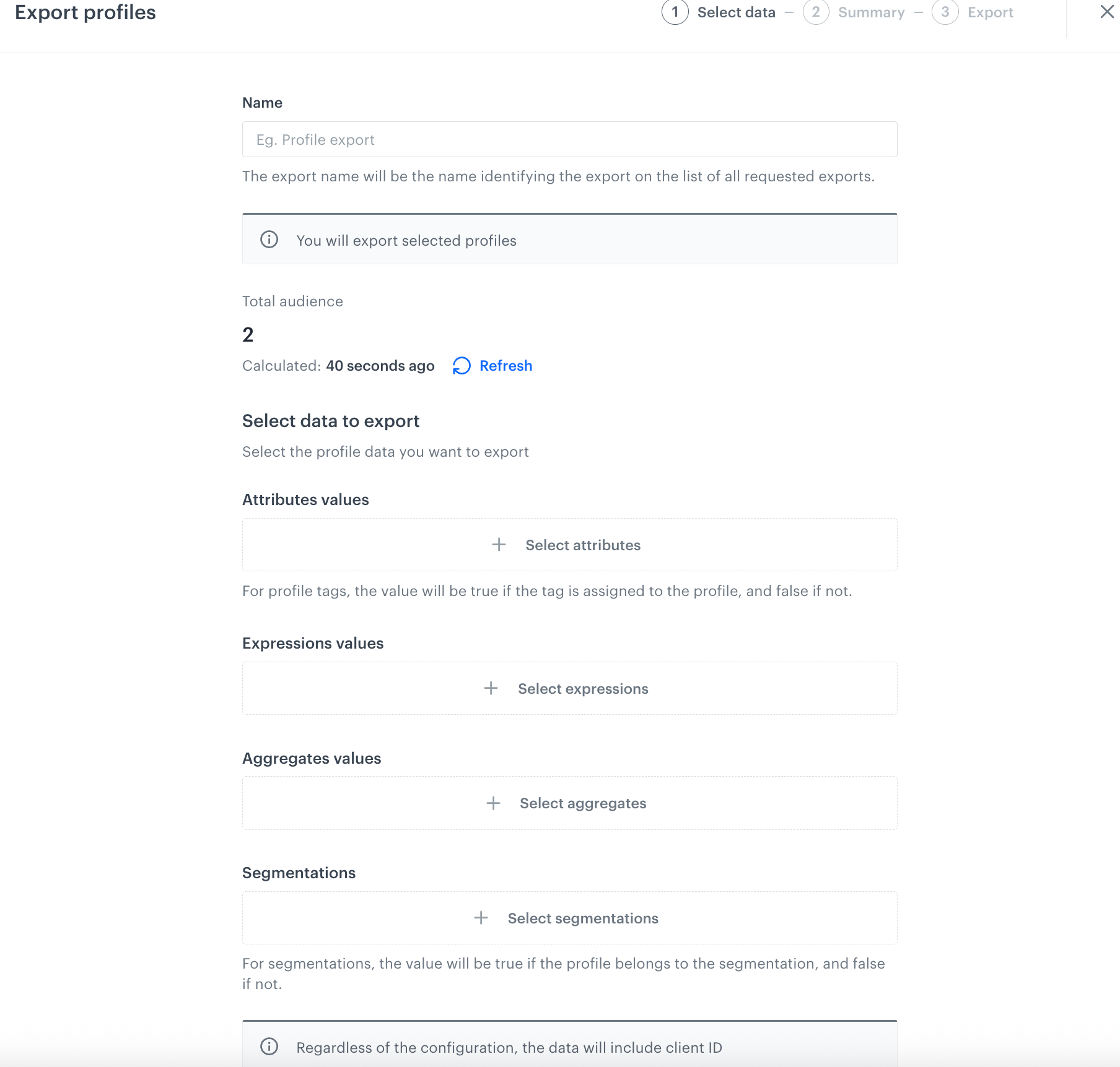 A pop-up with export configuration form