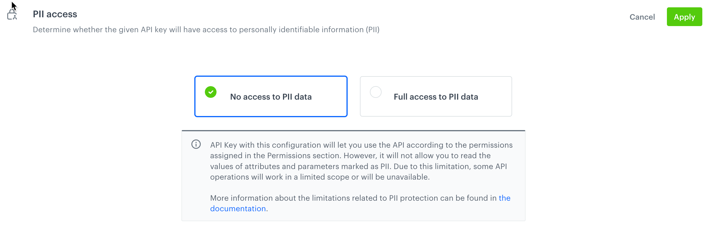 The PII access section available while defining the settings of an API key
