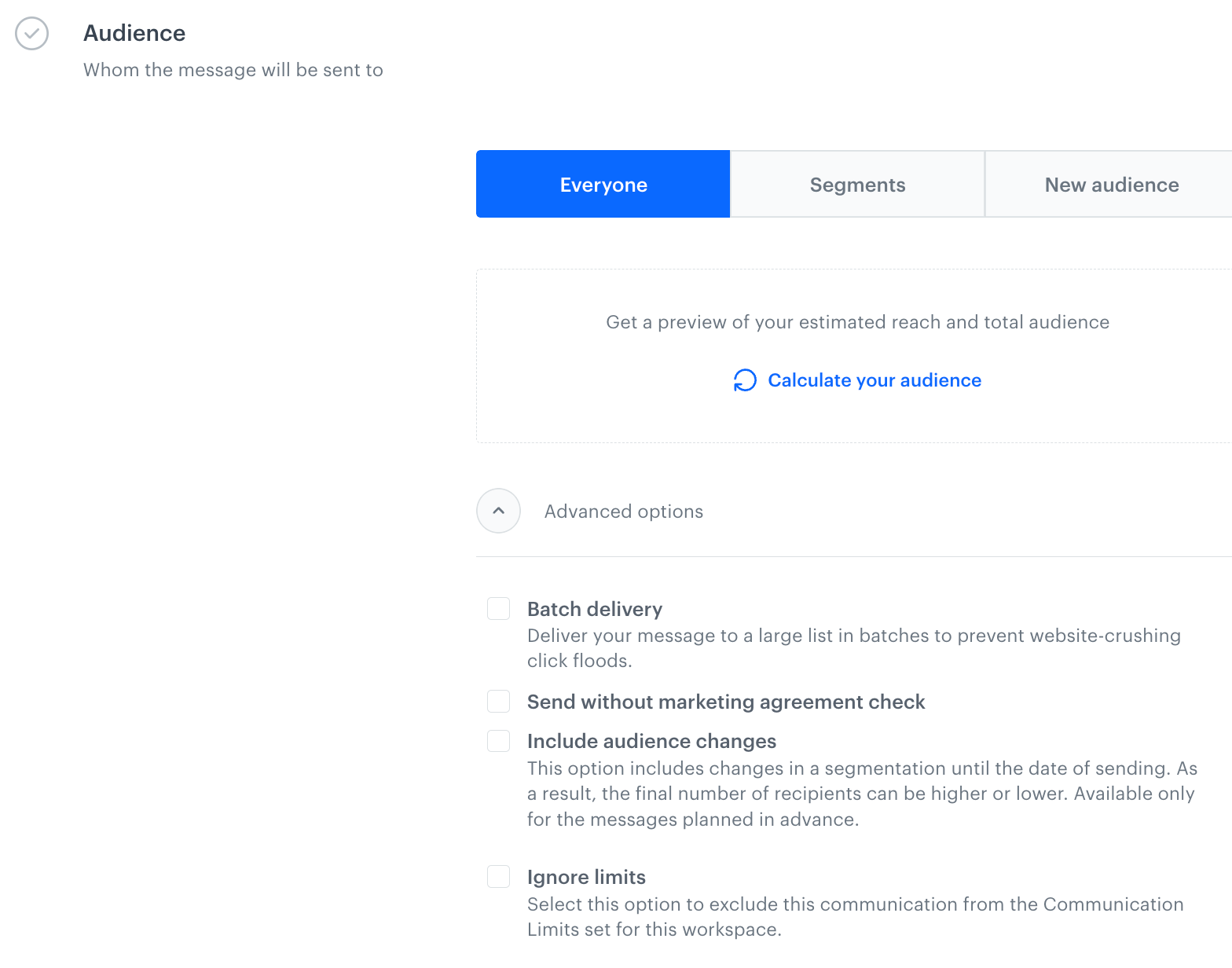 Ignore limits option in the Audience section while creating a message