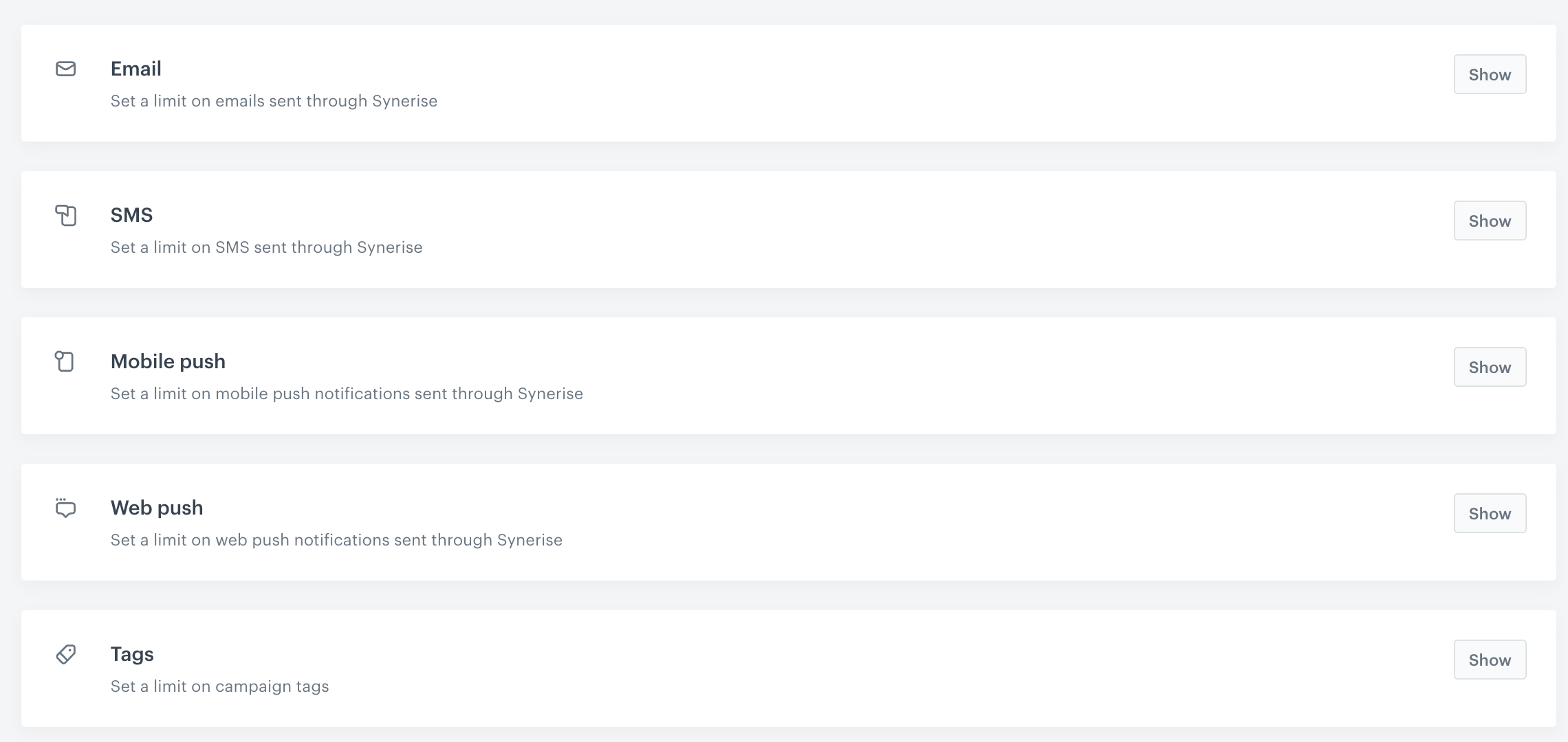 The main view of the communication limit in Settings > Communication Limit
