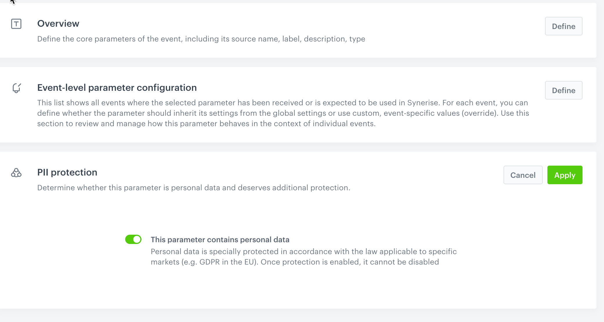 The PII protection section; it's accessible in Data Management > Event parameters, in the details of an event parameter