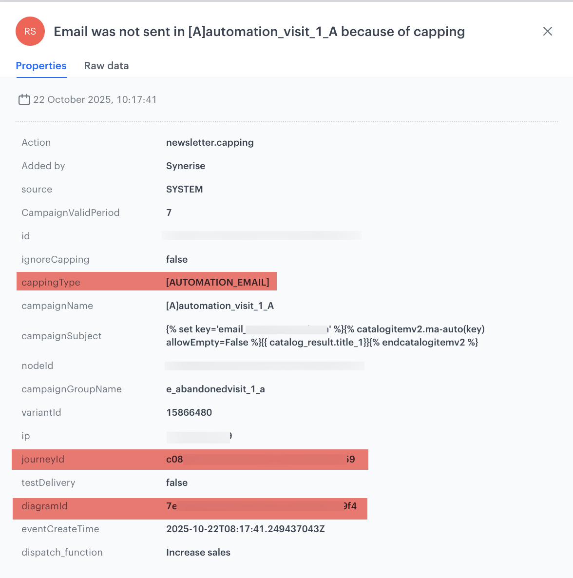 Example email capping event