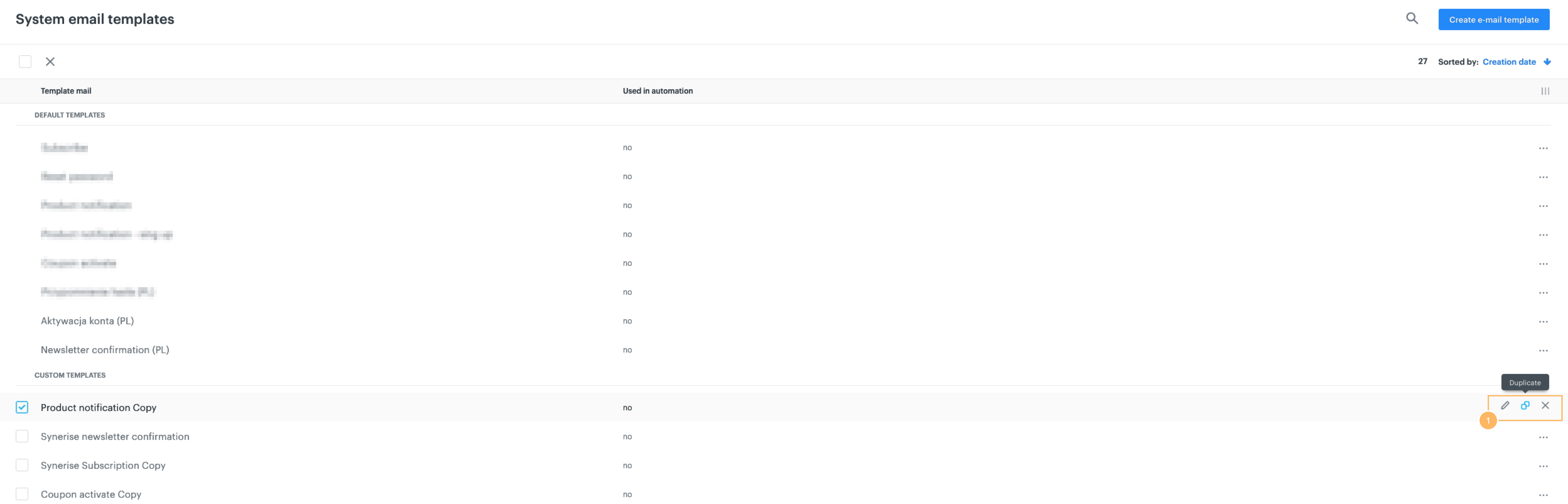 Screenshot presenting existing email template duplicating button in the Synerise platform