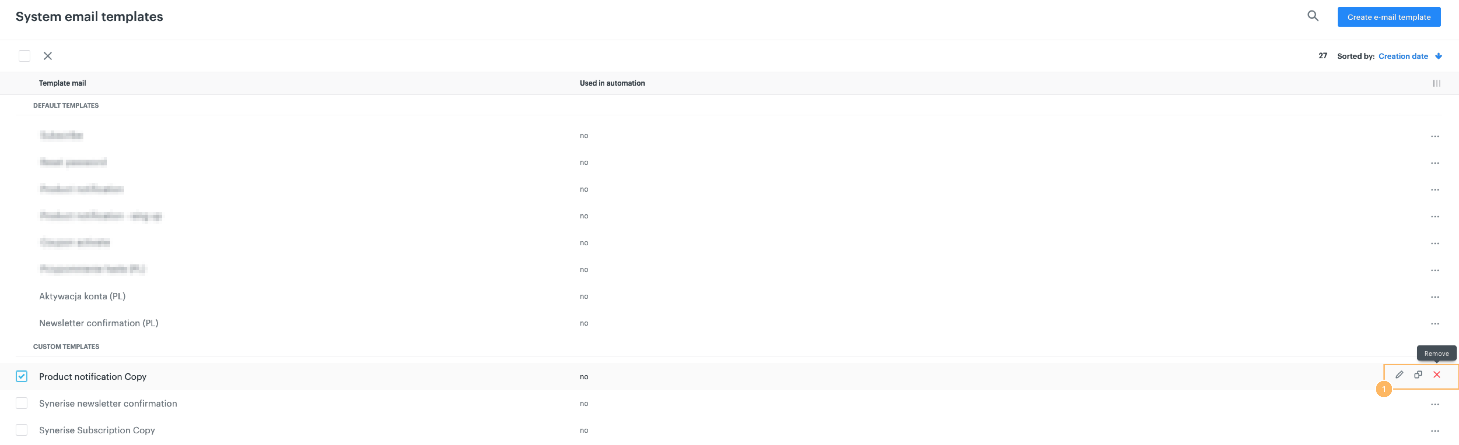 Screenshot presenting existing email template removing button in the Synerise platform