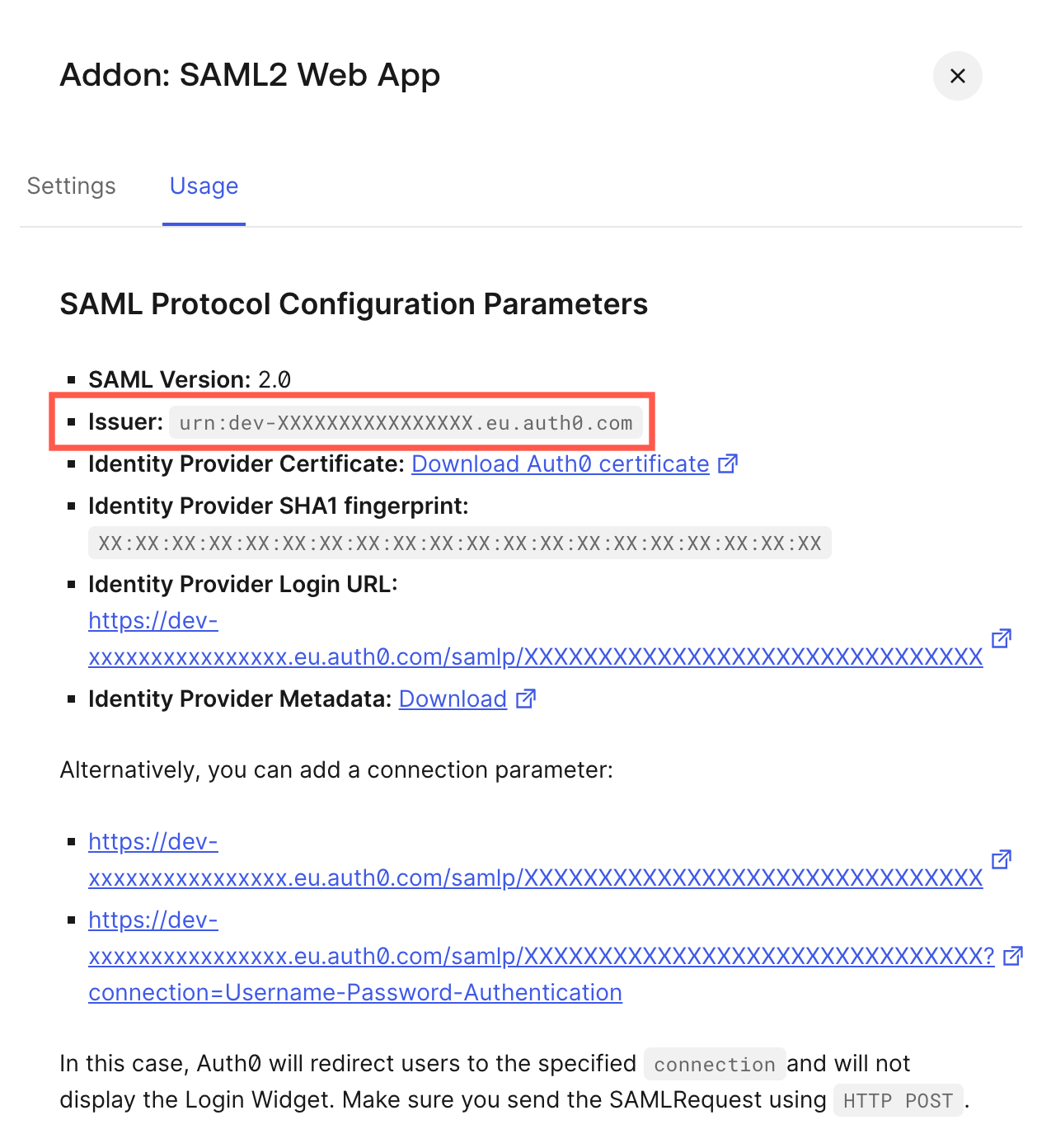 The value for the Identity Provider Entity ID in Auth0