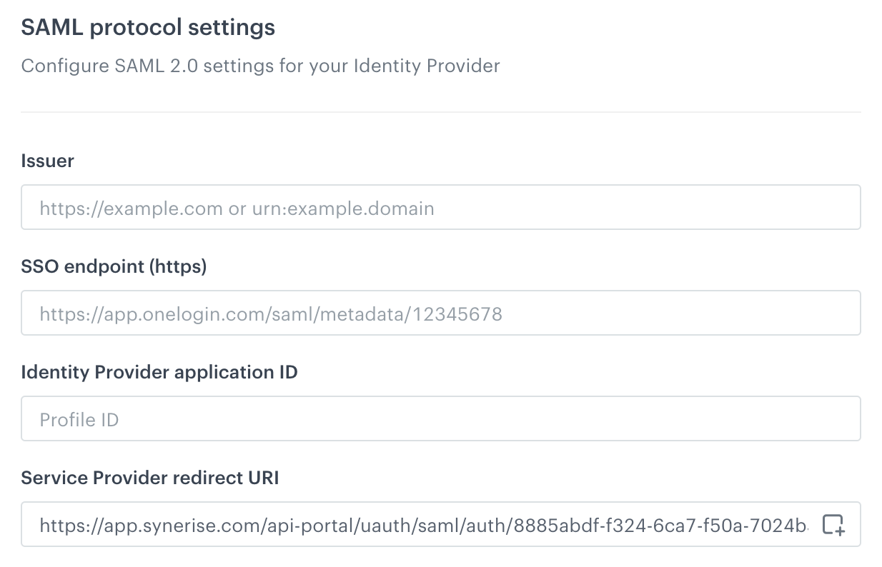 Blank SAML settings form