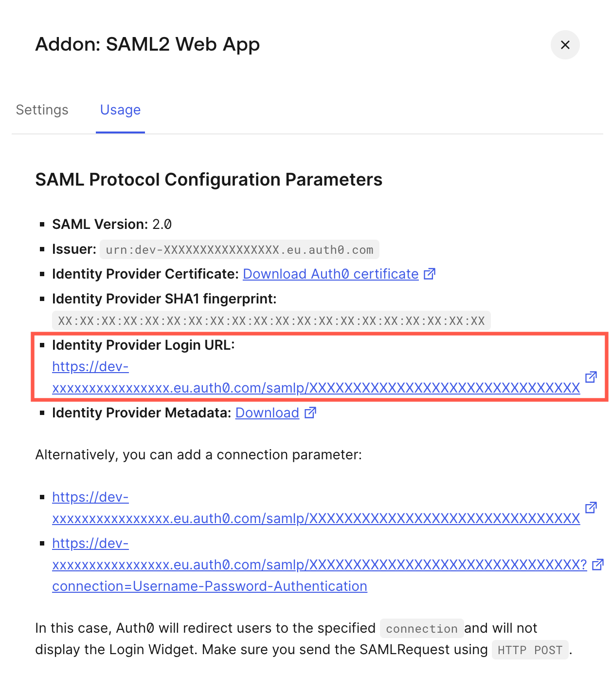 The value for the SSO endpoint (https) in Auth0