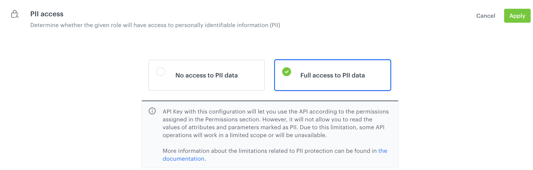 The PII access section available while defining the settings of an API key