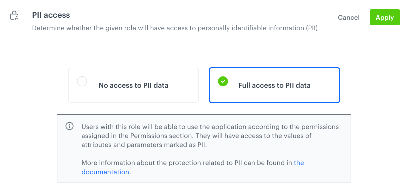 The PII access section available while defining the settings of a role