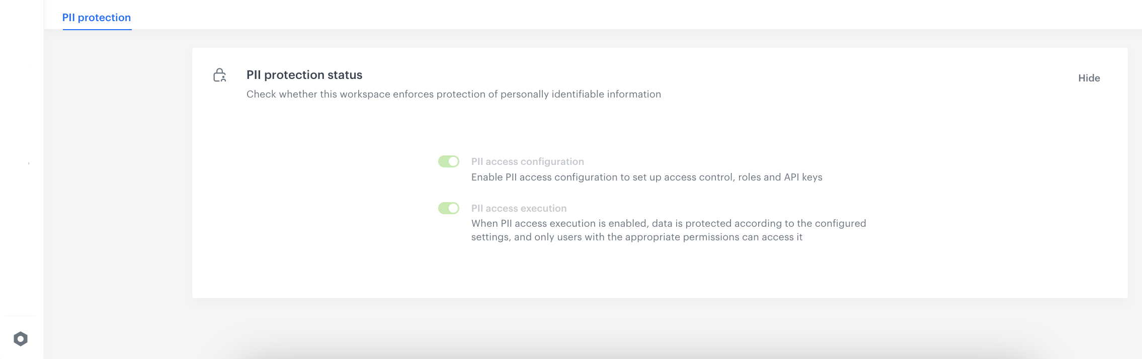 PII protection status section
