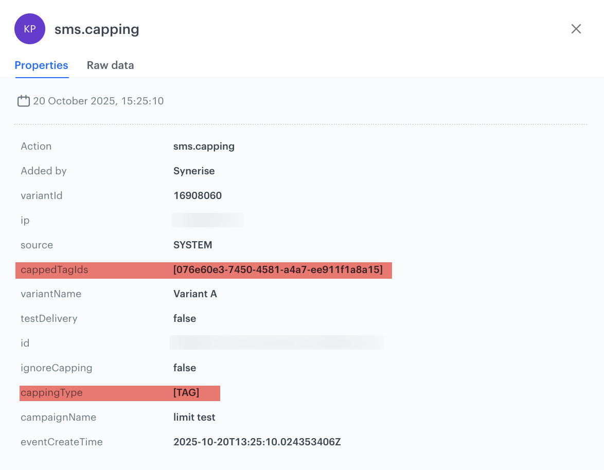 Example SMS capping event