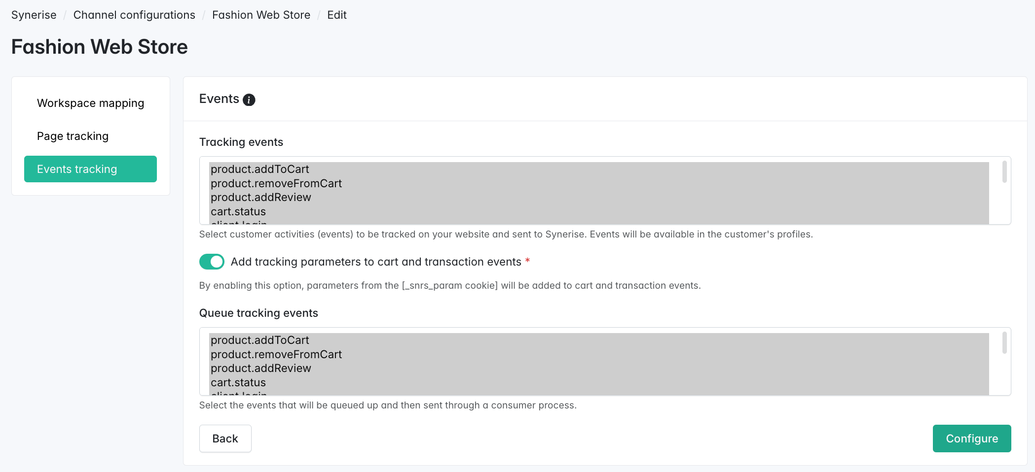 An Event tracking section in the Sylius platform