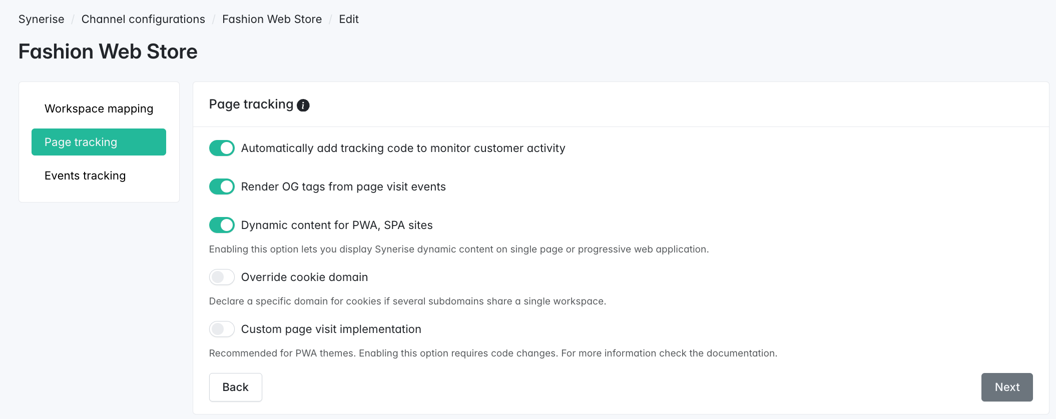 A Page tracking section in the Sylius platform