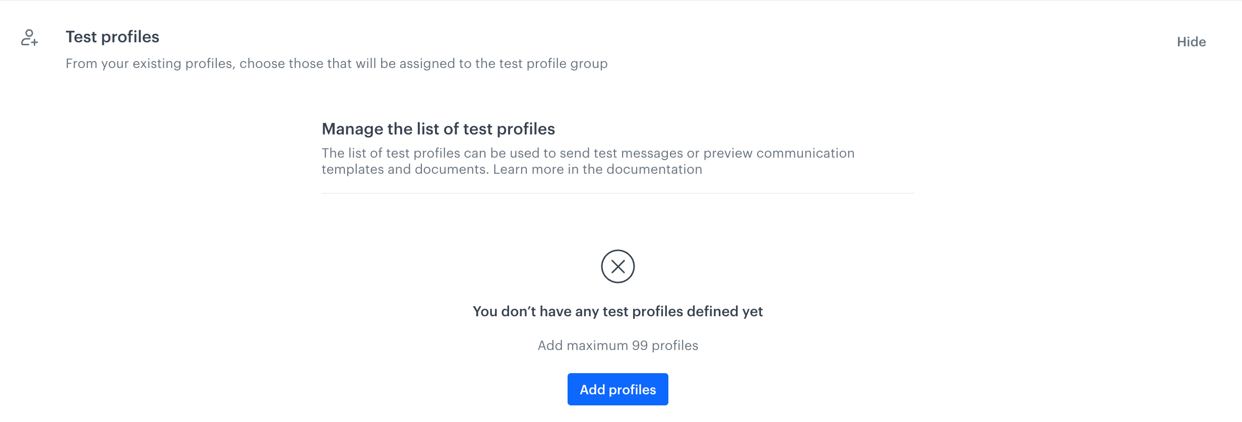 View of unconfigured test profile list