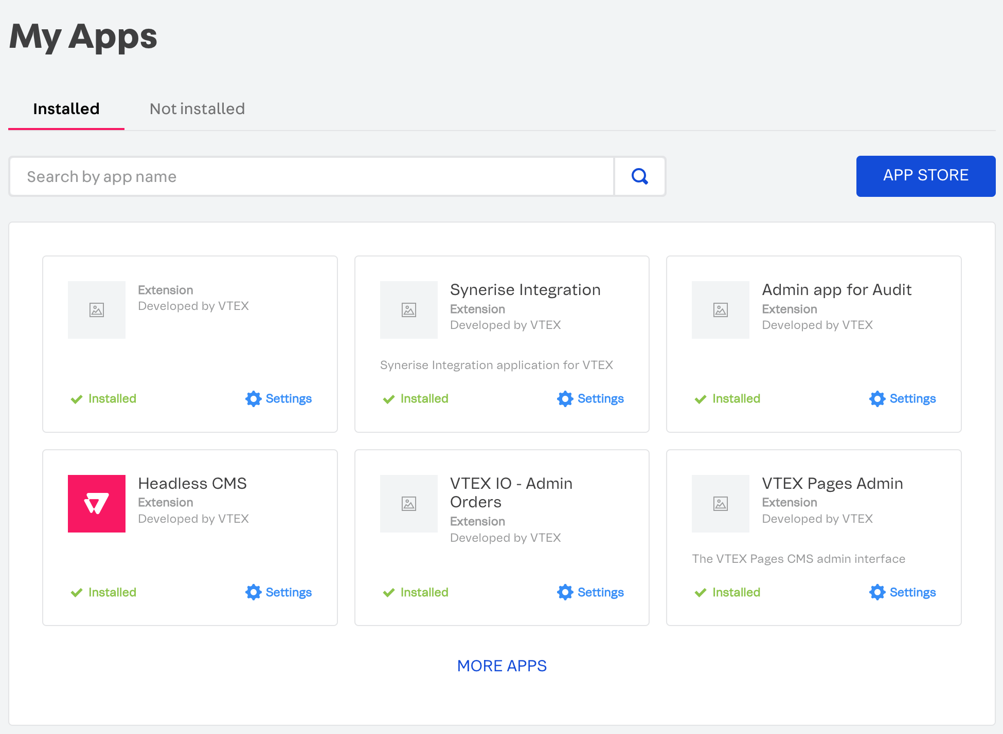 The list of installed apps in VTEX admin panel