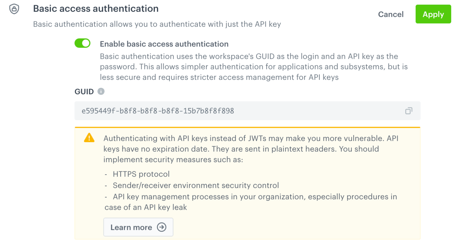 Basic authentication enabled, the workspace GUID is shown