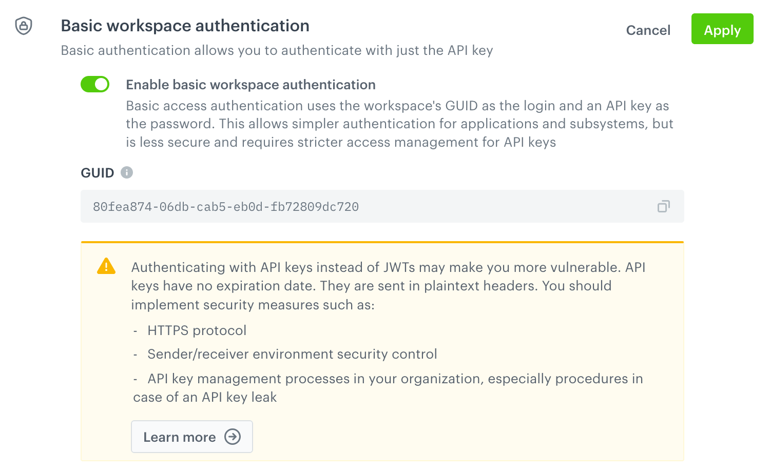 Basic authentication enabled, the workspace GUID is shown