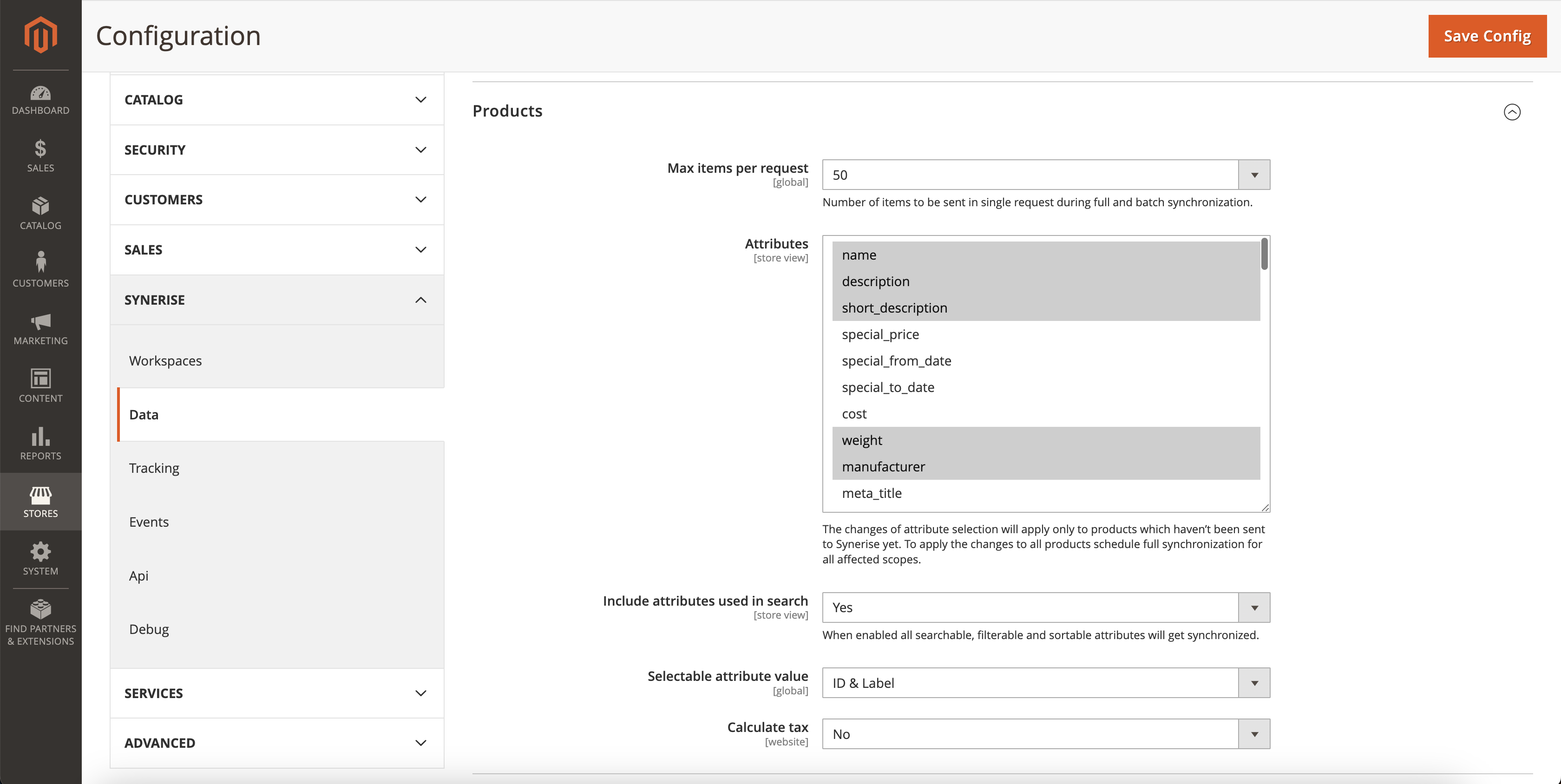 Configuration of the Products section in Magento