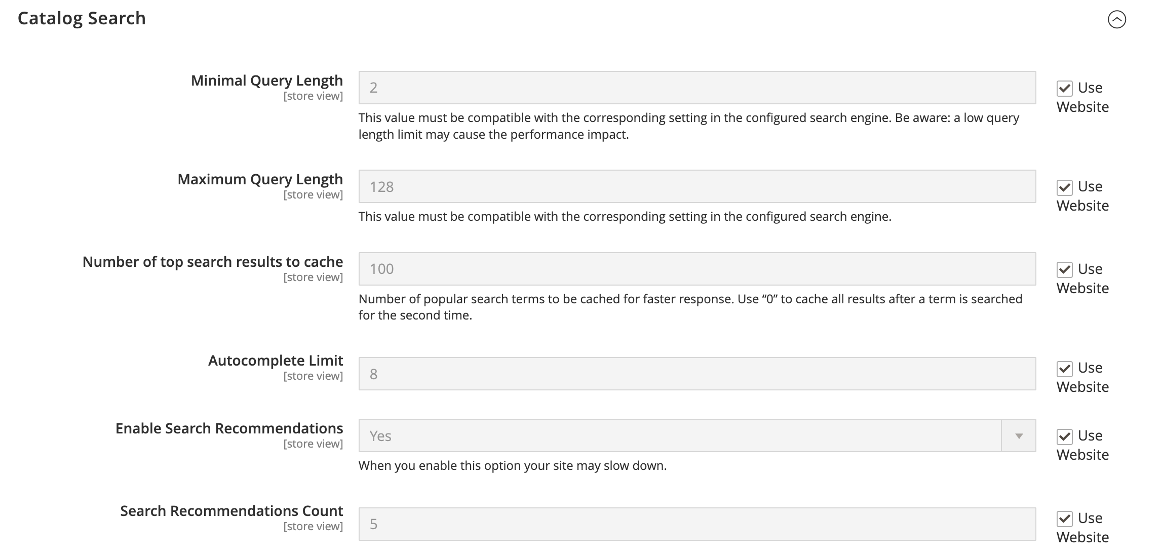 The configuration of the Catalog Search section in the Magento admin panel
