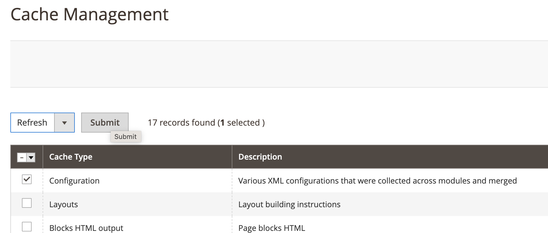 Cache management section in Magento