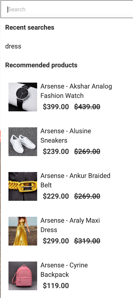 A zero search stage with product recommendations and recent searches