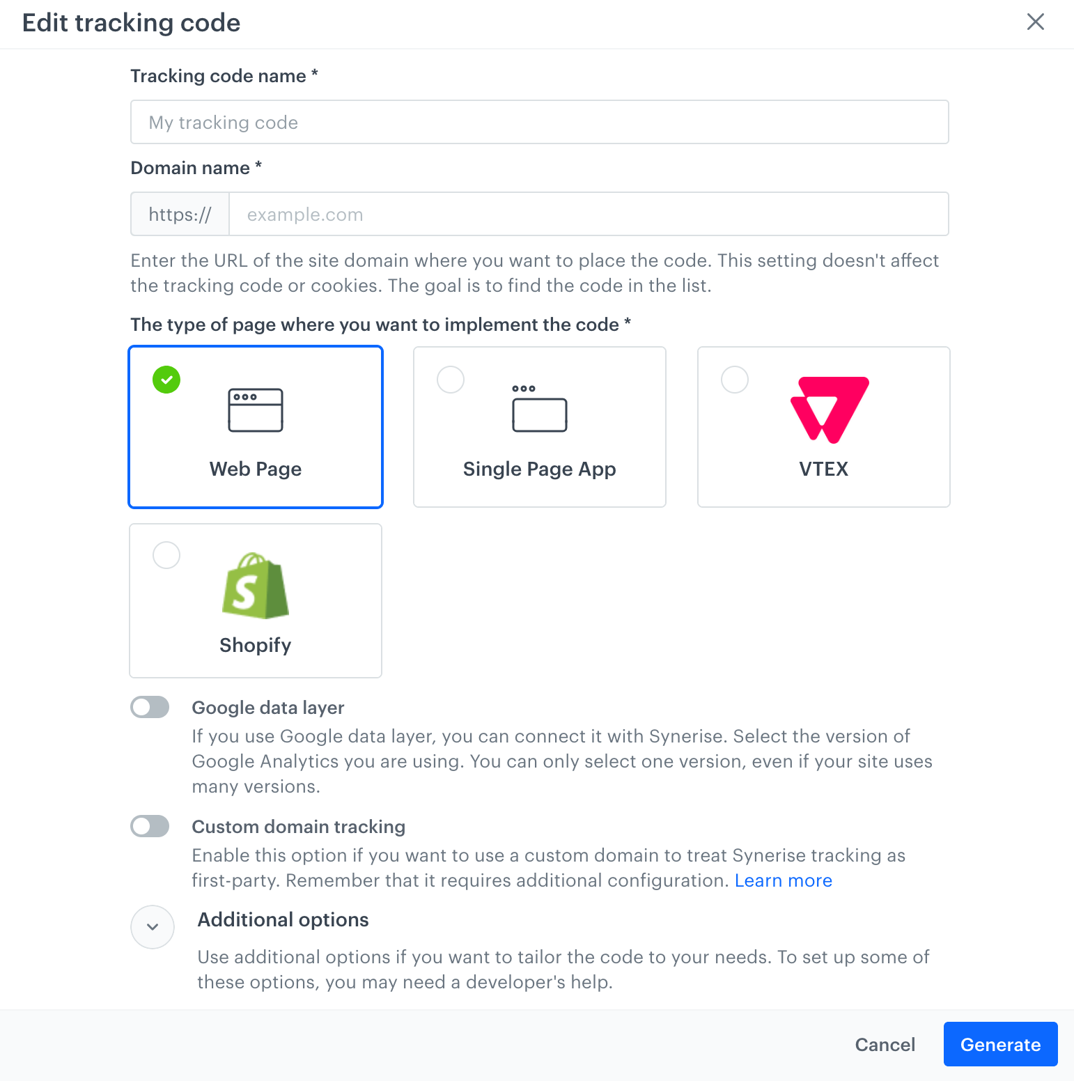 Tracking code creation form