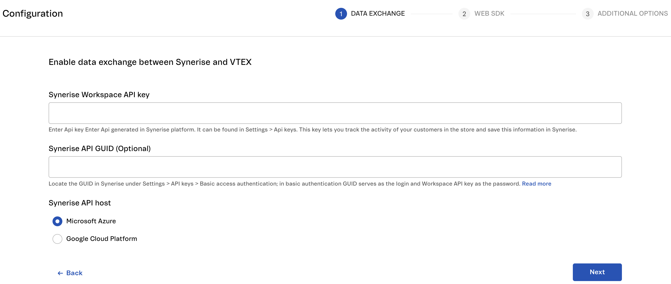 Blank configuration form for enabling data exchange between Synerise and VTEX