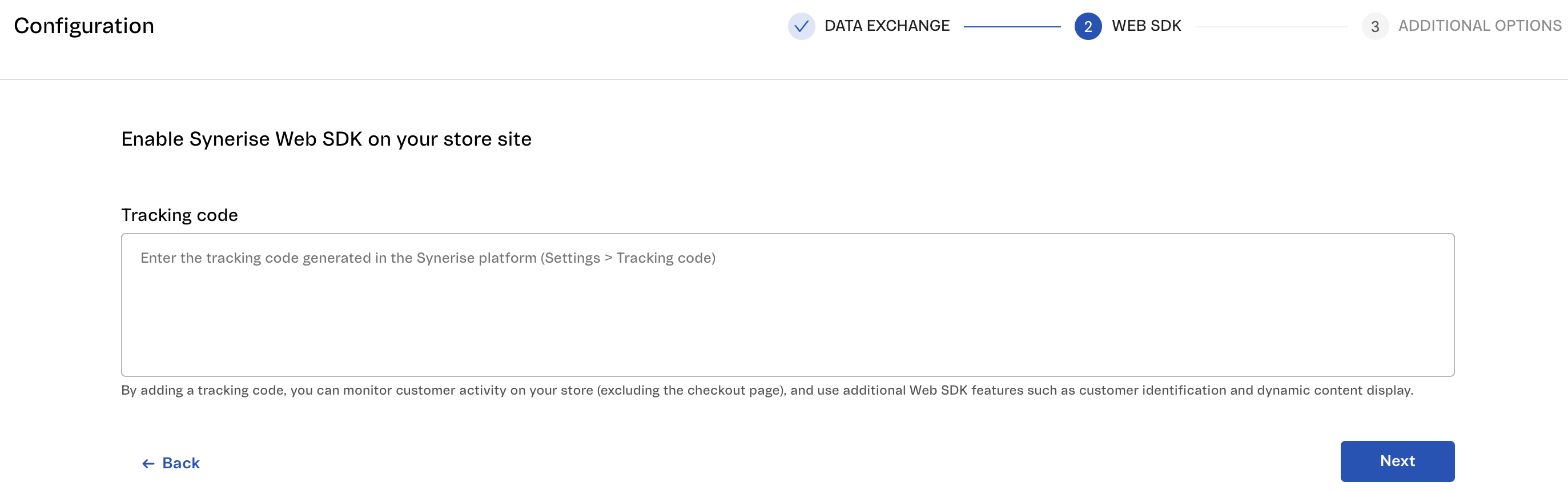 Blank configuration form for enabling Synerise Web SDK on the store site