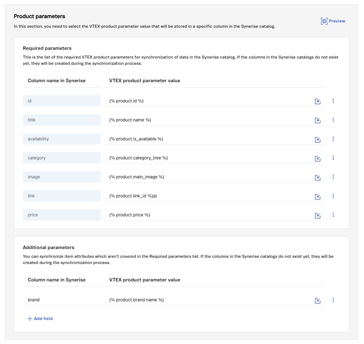 Mapping of required parameters