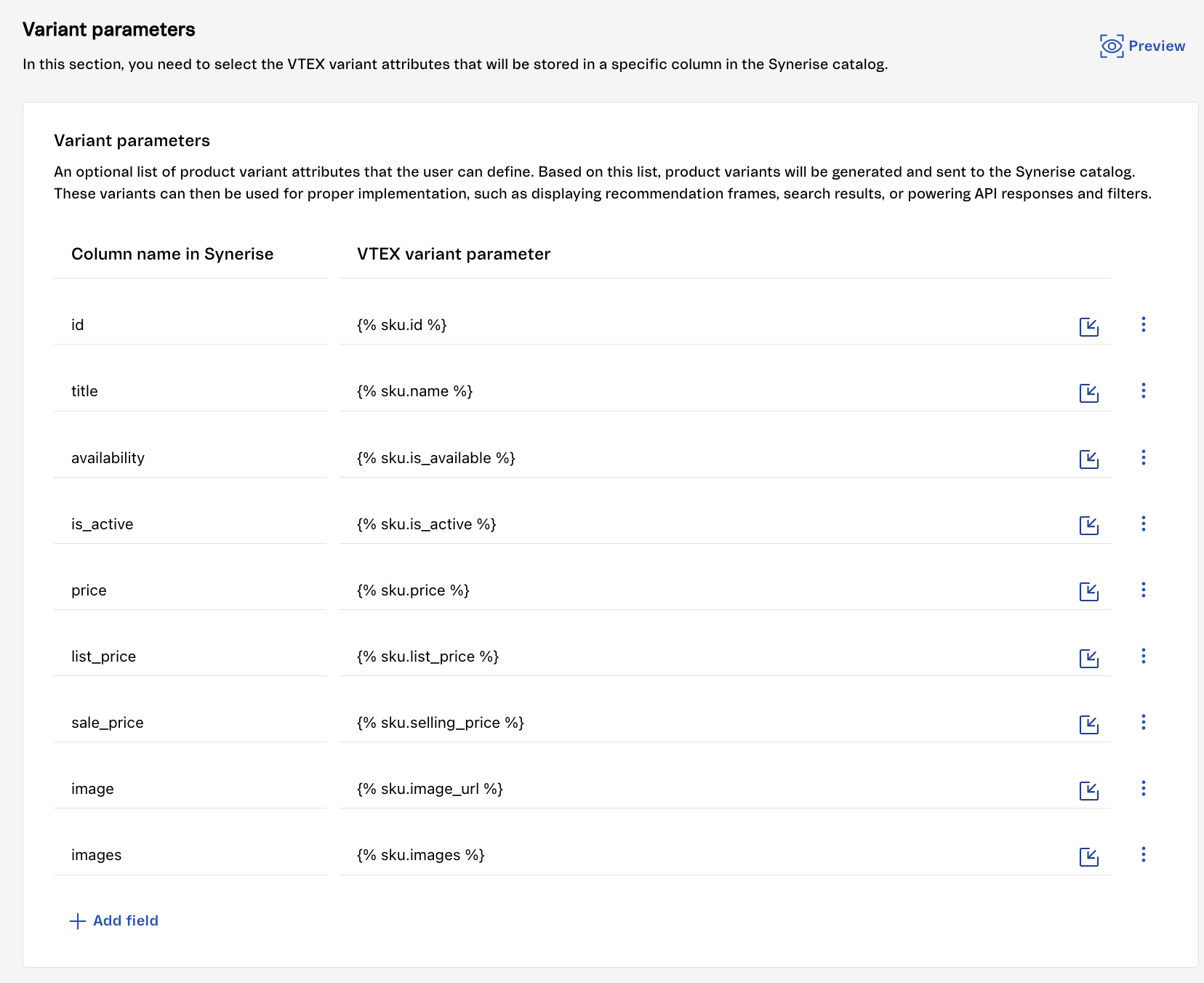 Mapping of variant parameters