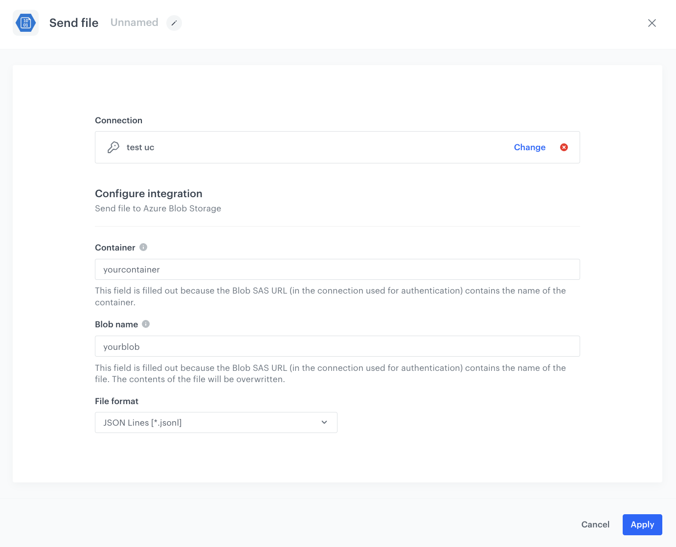 The configuration of the Send file to Azure Blob Storage node