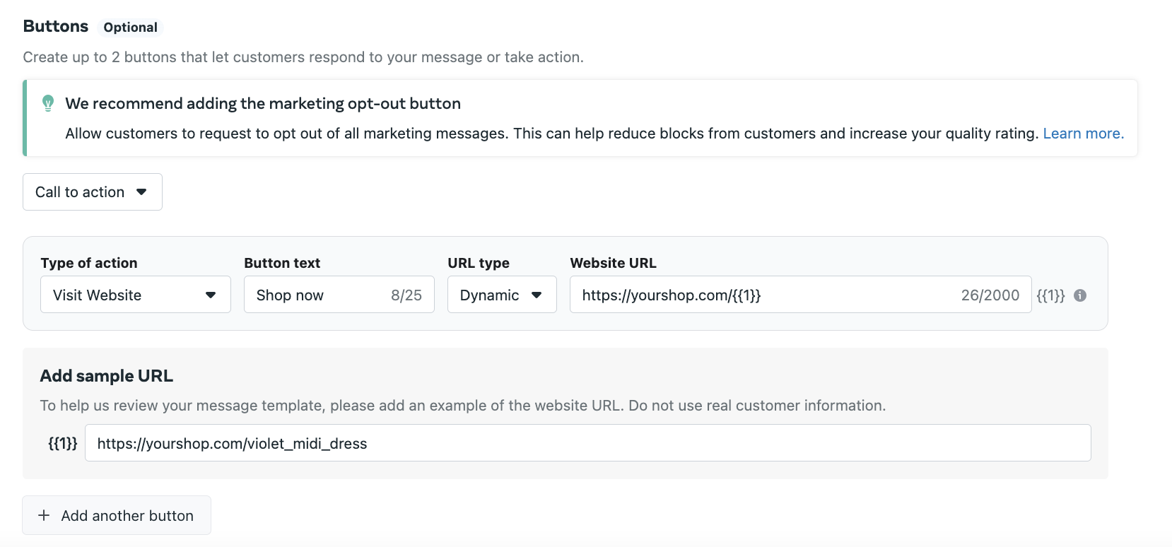 The view of the button configuration in the Meta platfrom