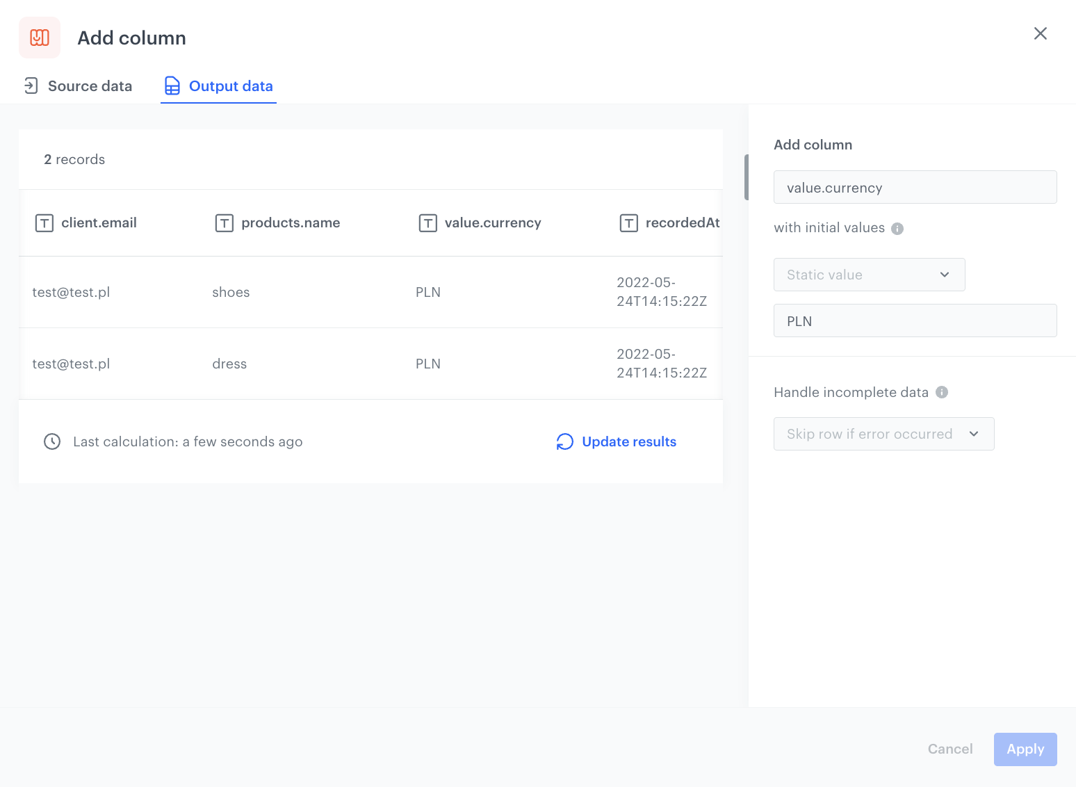 Final configuration of the last Add column node, value.currency