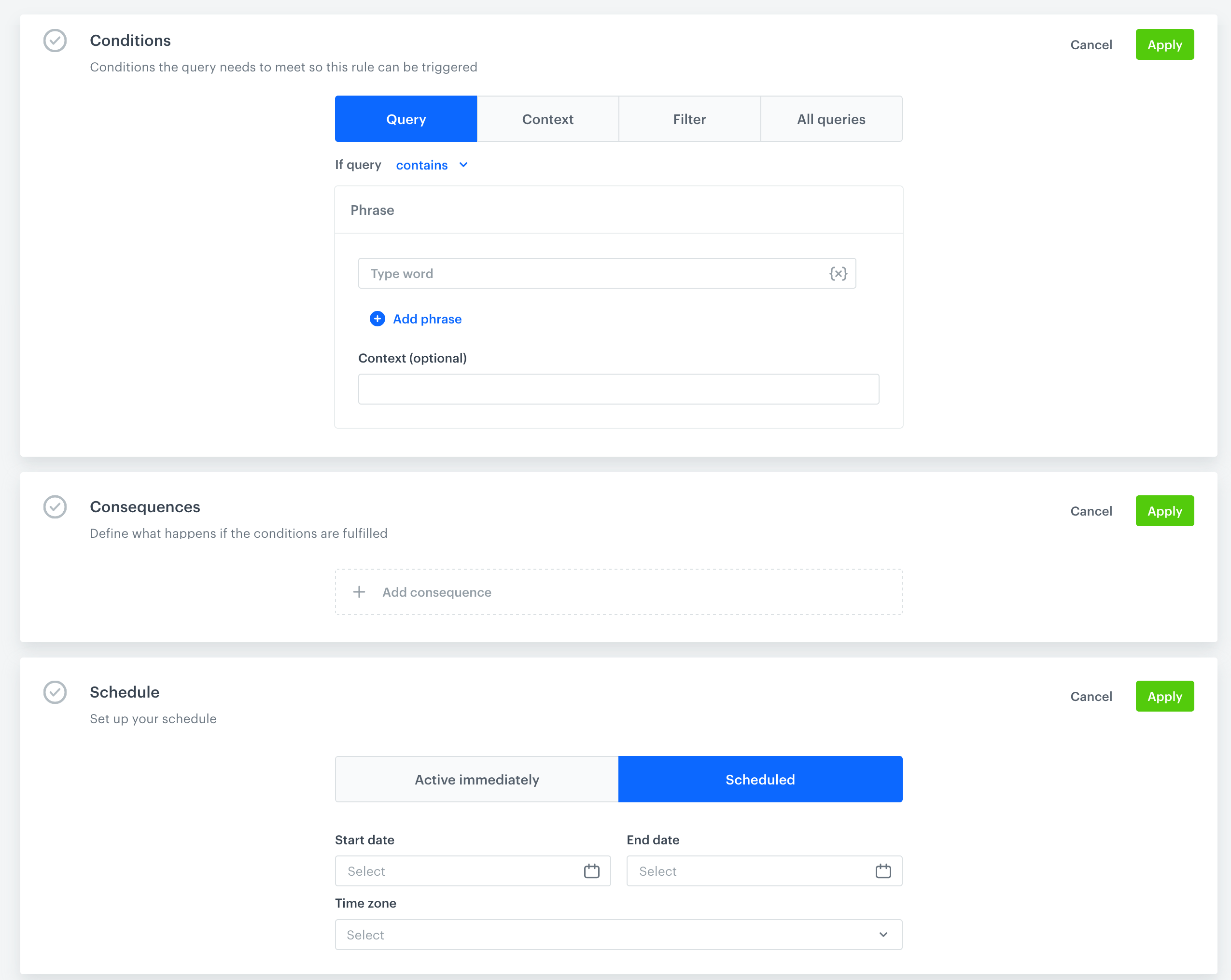 The query rule view before changing its default settings