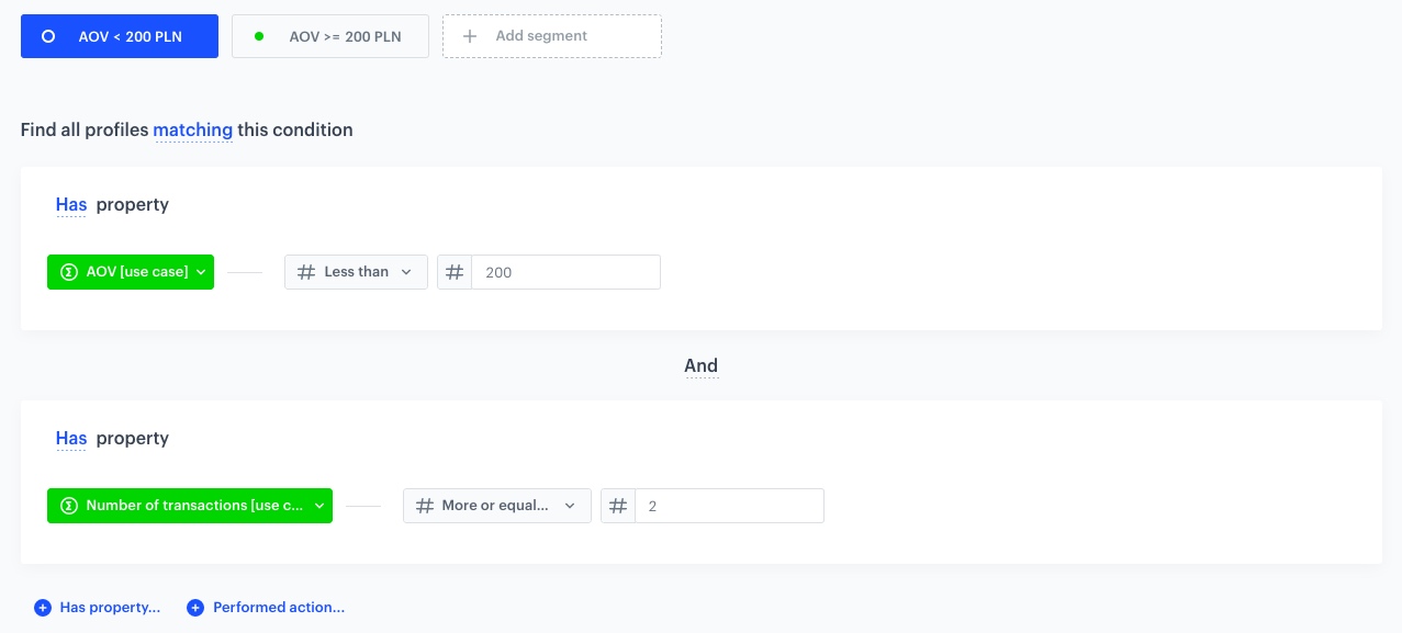 The view of the configuration of the segmentation for AOV less than 200 PLN