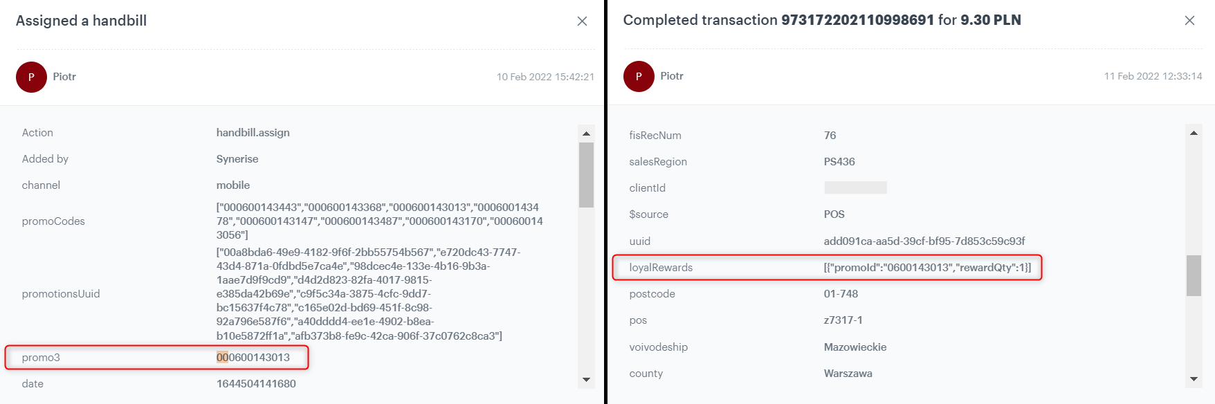 Comparison of the handbil.assign and transaction event