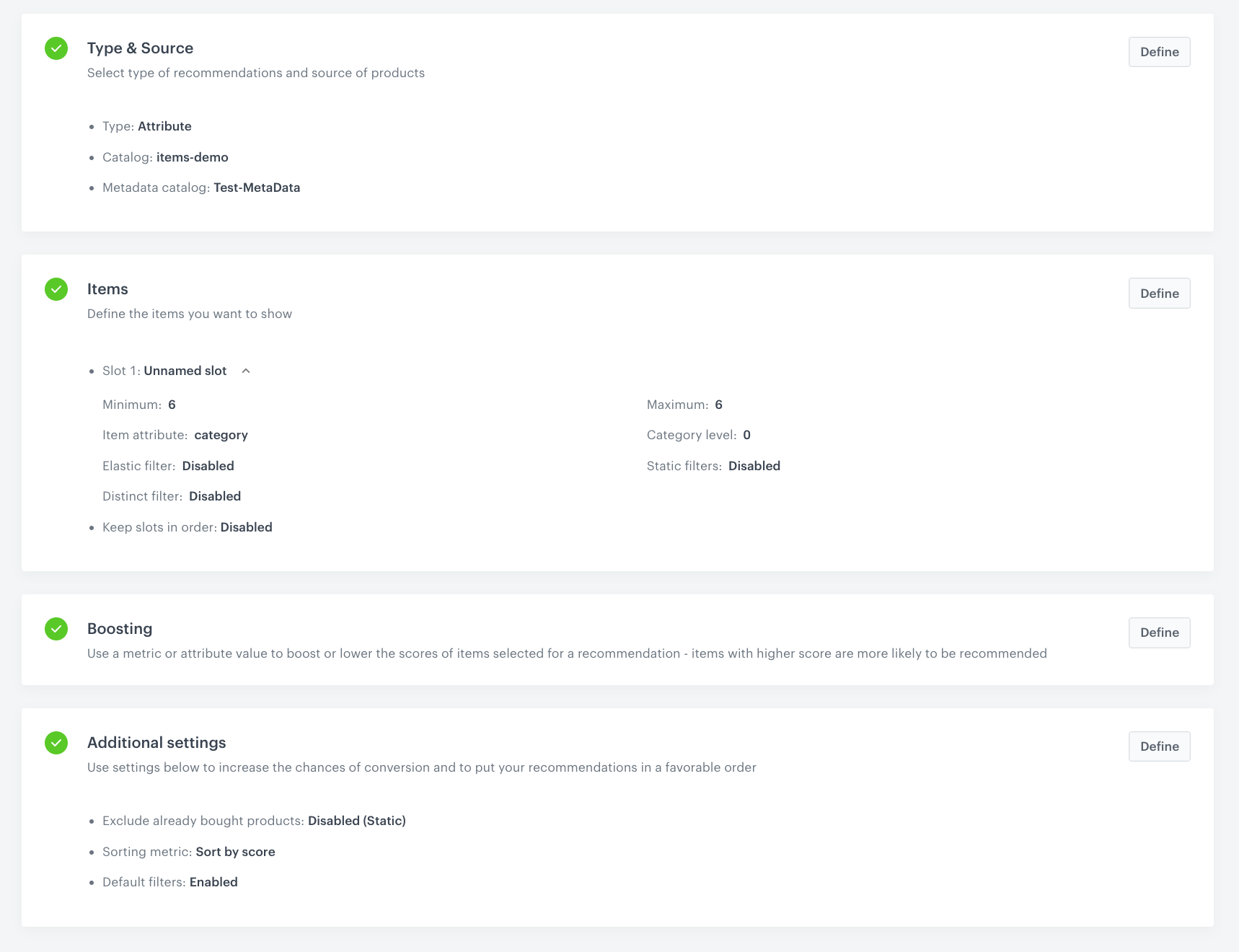 Attributes recommendations - final settings