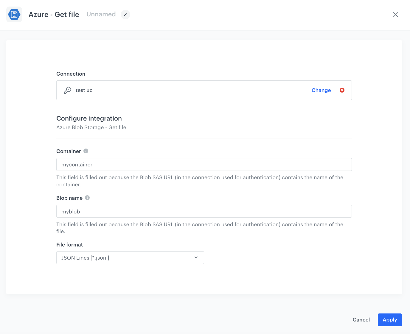 The configuration of the Get file to Azure Blob Storage node