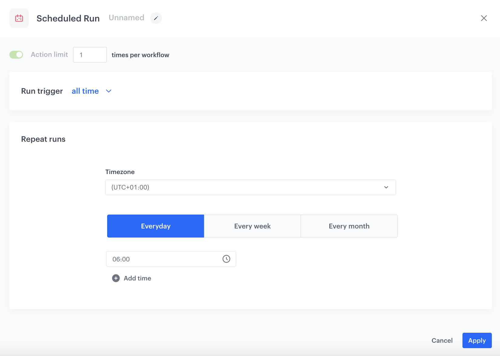 The configuration of the Scheduled Run node