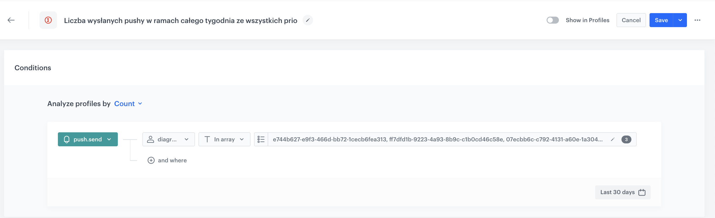 Configuration of the aggregate counting all sent pushes across campaign workflows