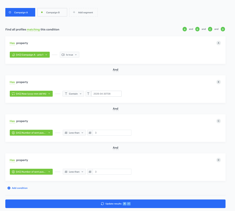 Configuration of segments in the high priority split audience segmentation