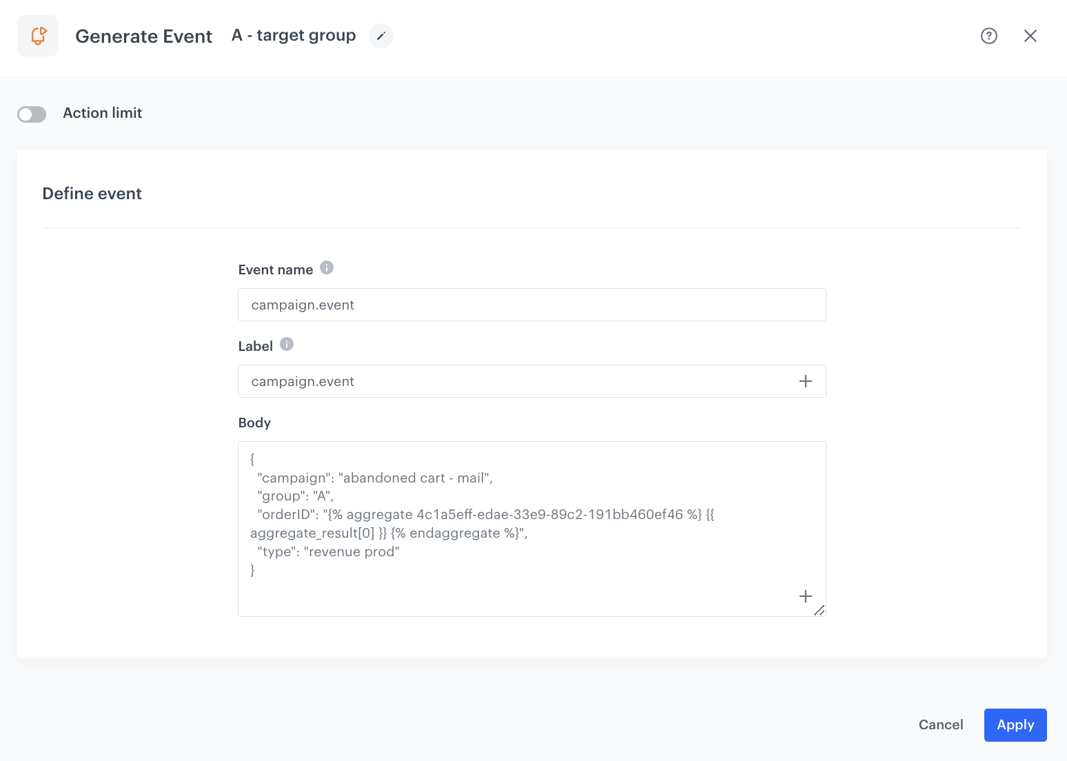 Configuration of the Generate event node for group A