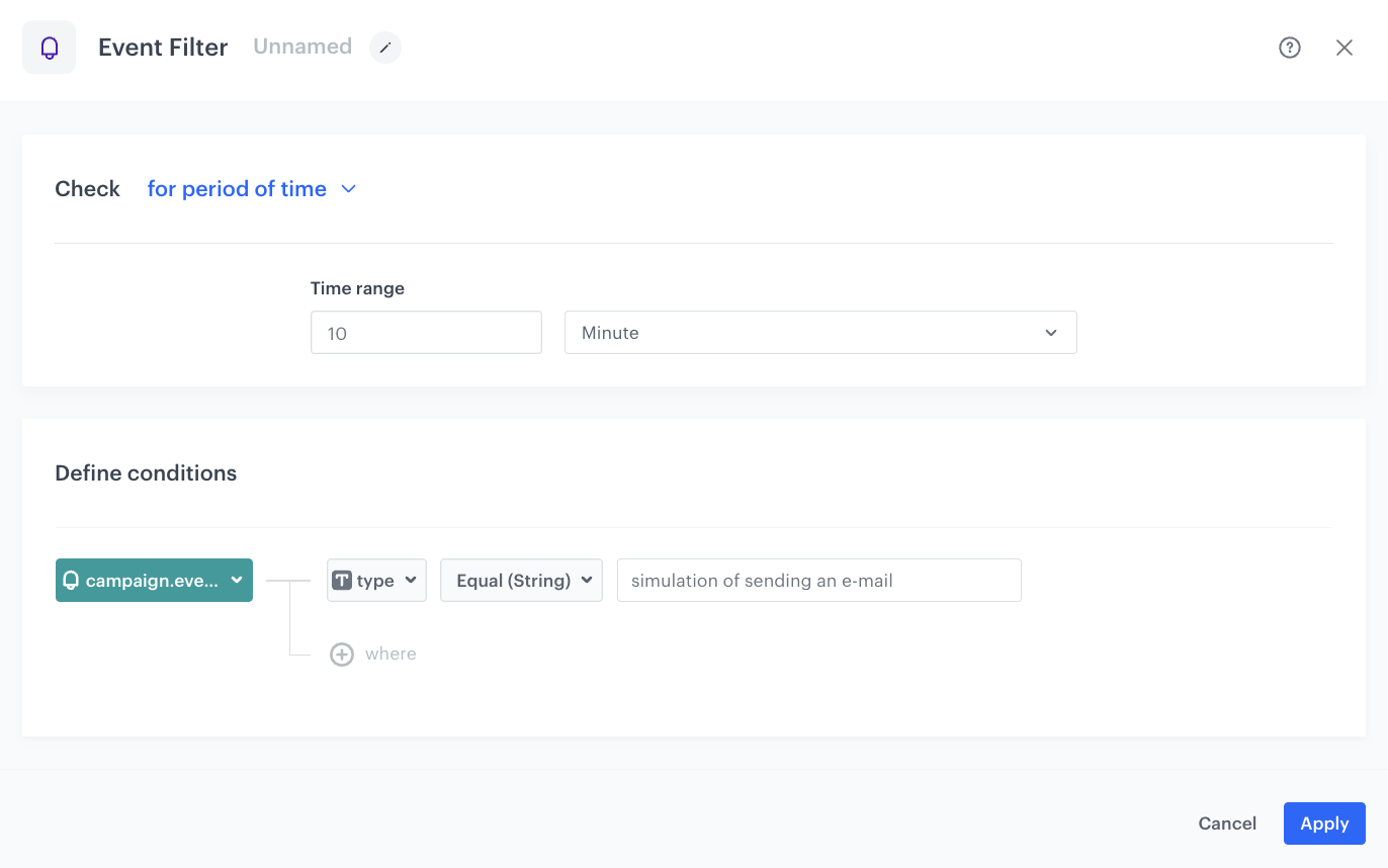 The view of the Event Filter node configuration