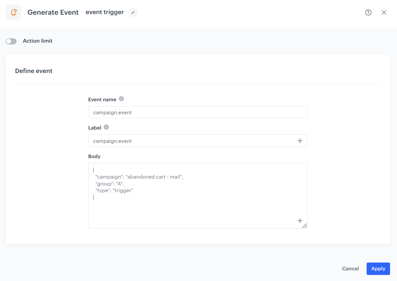 Configuration of the Generate Event node for Group A